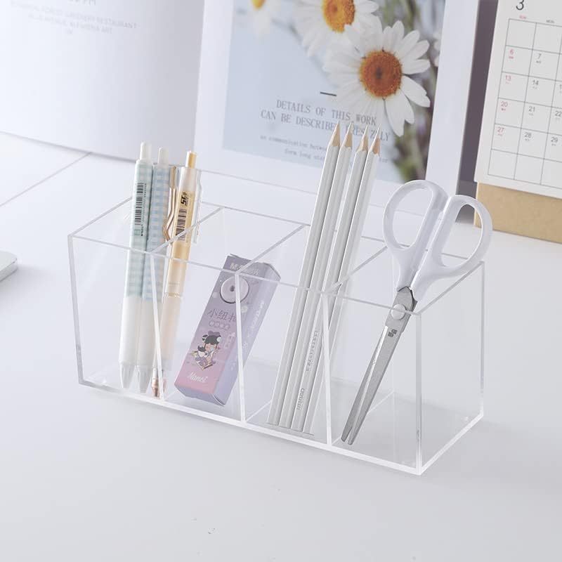 HSYMQ Acrylic Pen Holder 4 Compartments Clear Pencil Holder Organizer Makeup Brush Holder - Image 3